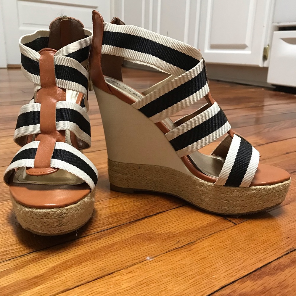 Women’s wedges. Navy stripe, tan, brown and cream